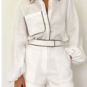 Commense Cotton & Linen Contrast Trim Two Piece Shorts Set size L